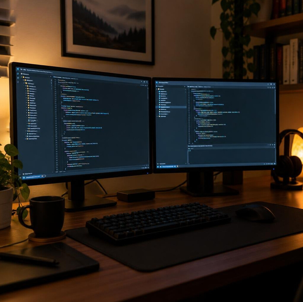 Dual monitor computer setup displaying code editors