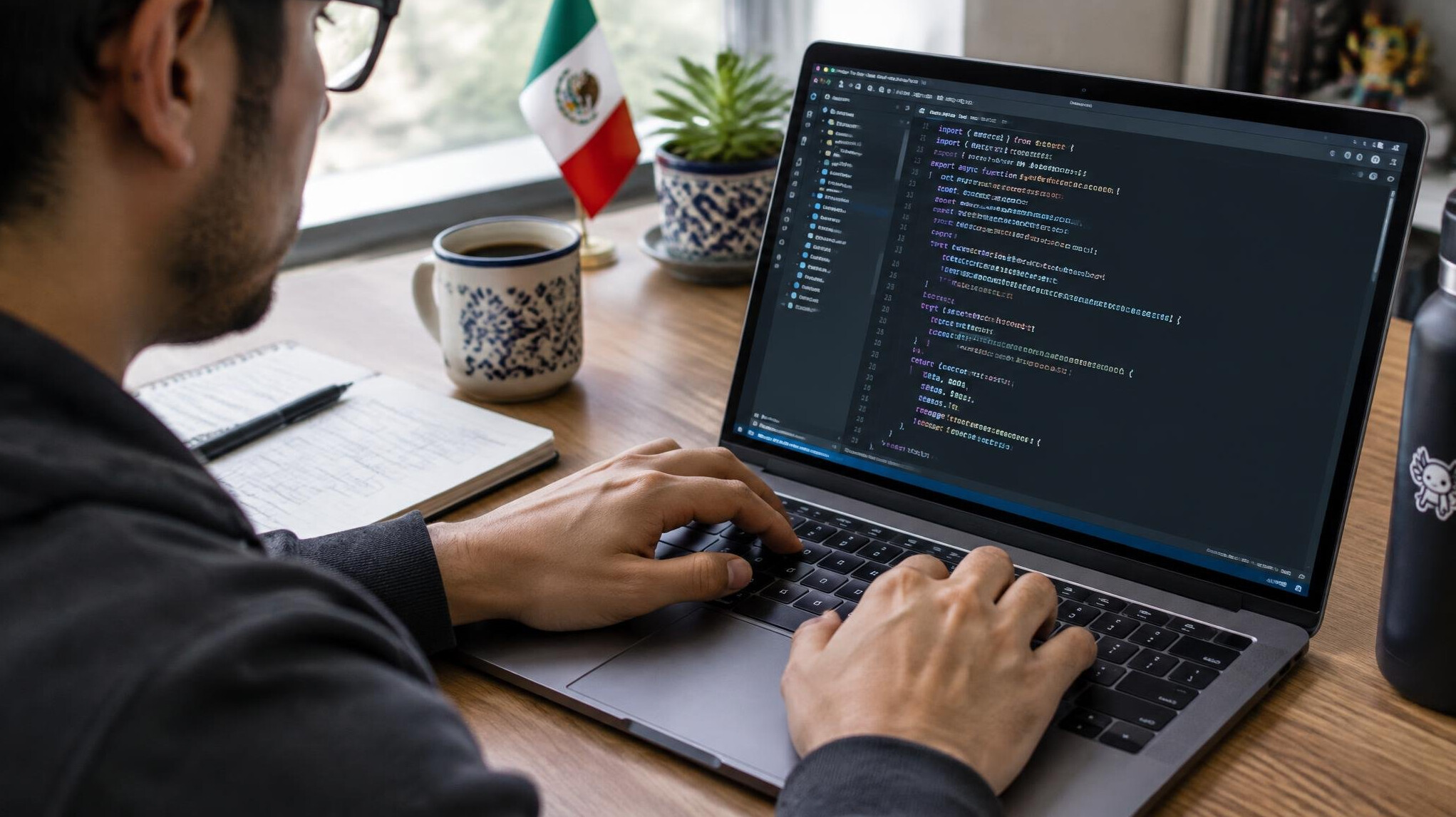 Hands typing on laptop keyboard with code on screen